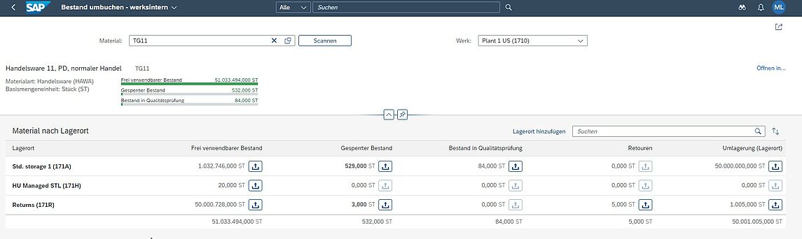 SAP System Screenshot: "Bestand umbuchen - werksintern"