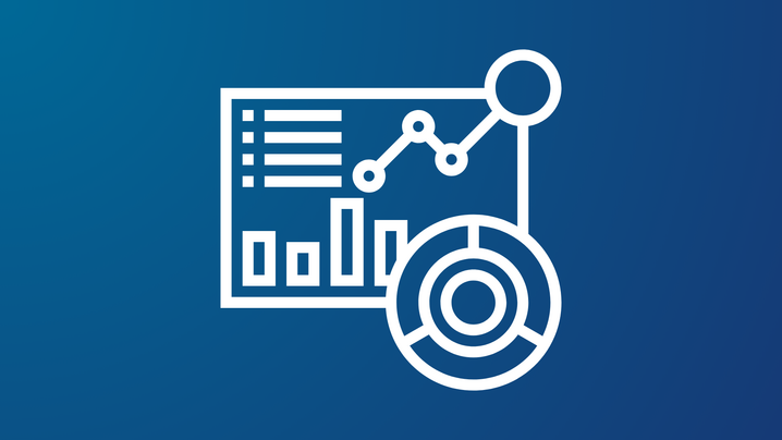 Weißes Icon auf blauem Hintergrund, das ein Analytics-Dashboard darstellt