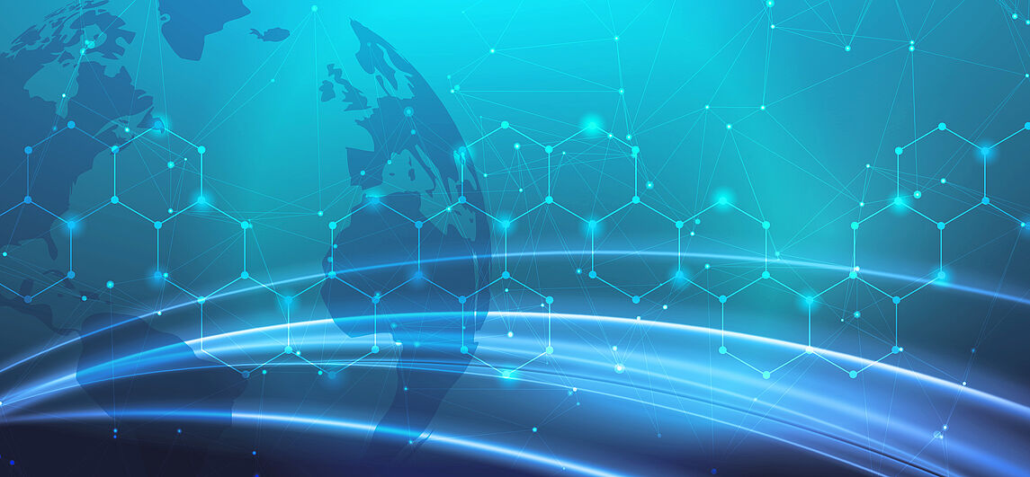 Grafik in Blau mit Netzwerklinien und einem Globus im Hintergrund