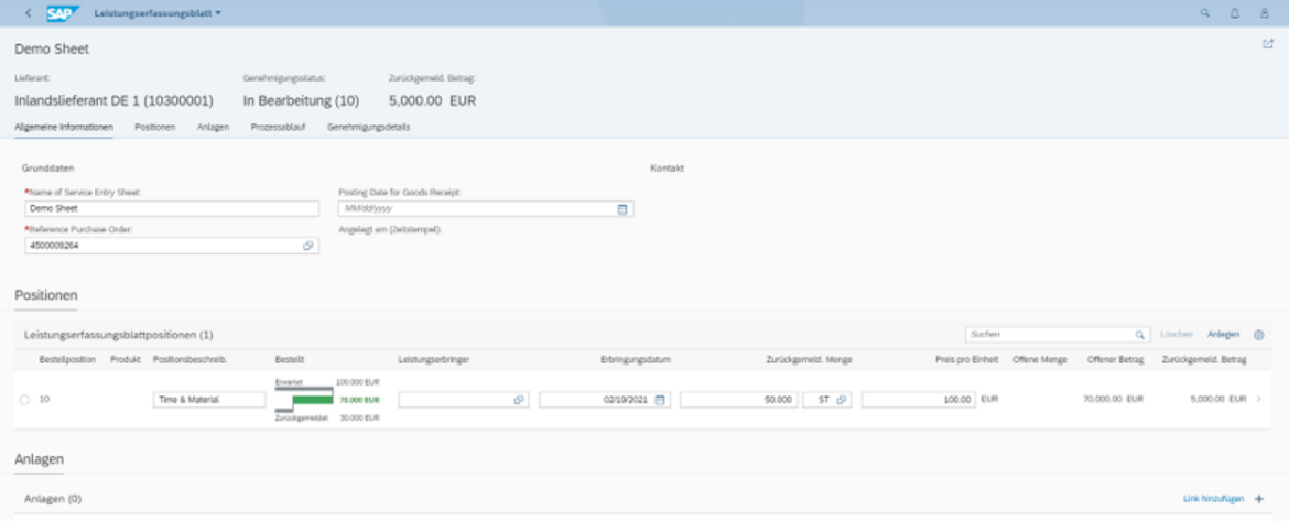 SAP system screenshot: Service recording with Lean Service