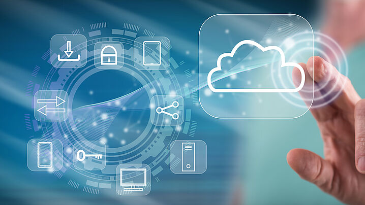 In the picture, a person is tapping on a cloud icon, next to which various IT-related icons are arranged in a circle.