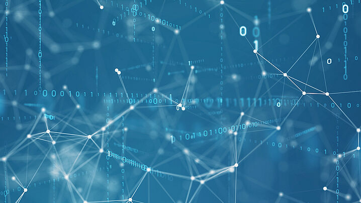 Abstraktes Bild in Blautönen mit Netzwerk-Linien und Programmiercode-Zeilen