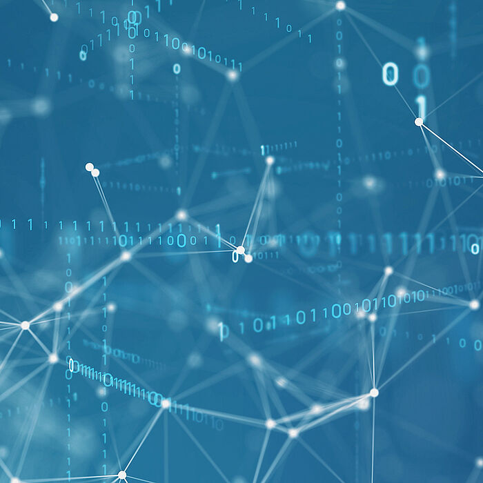 Abstract image in shades of blue with network lines and lines of programming code