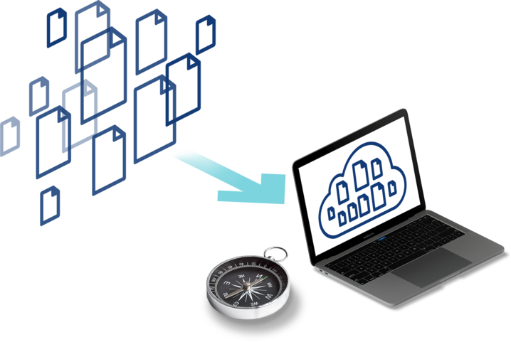 Zusammengesetzte Grafik mit Dokument-Icons, Laptop und Kompass