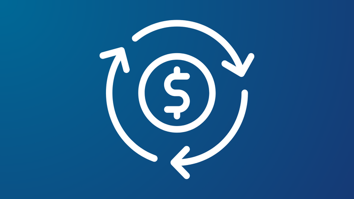 Weißes Icon auf blauem Hintergrund: Dollarzeichen mit Kreis darum