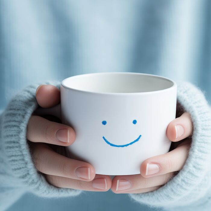 In the photo, a person is holding a cup with a smiley face painted on it.