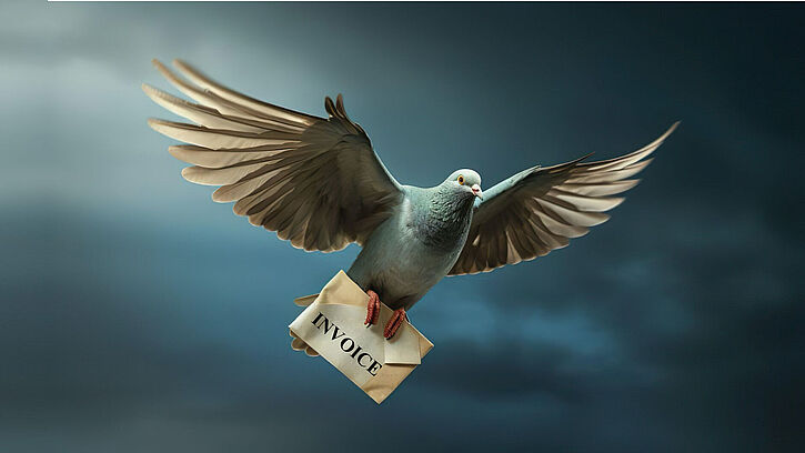 Abbildung zeigt einen Vogel, der ein Blatt Papier mit der Aufschrift "Invoicing" trägt