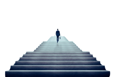 Abbildung zeigt von hinten eine Person, die gerade eine Treppe hochgeht