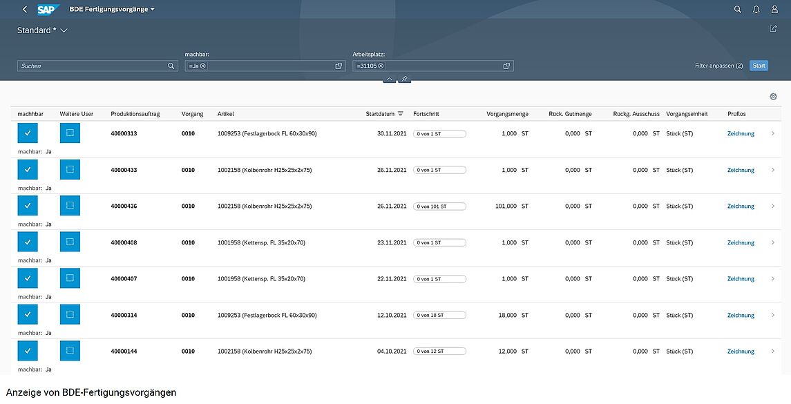 SAP System Screenshot: BDE Fertigungsvorgänge