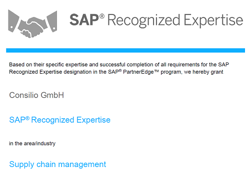 [Translate to English:] Zertifikat "SAP Recognized Expertize in SCM"